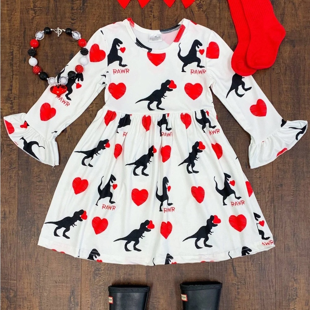 Sparkle in Pink Rawr Dress Dinosaur Heart Print Dress